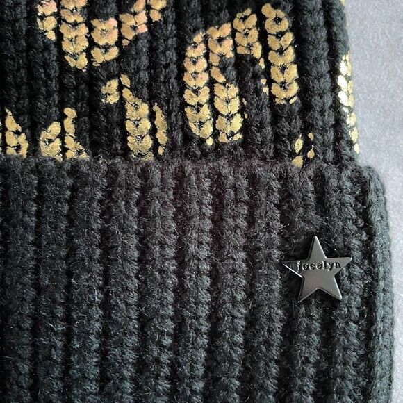 Jocelyn Black Beanie with Pompom Gold Metallic Foil Leopard Print Womens OS - Picture 2 of 8